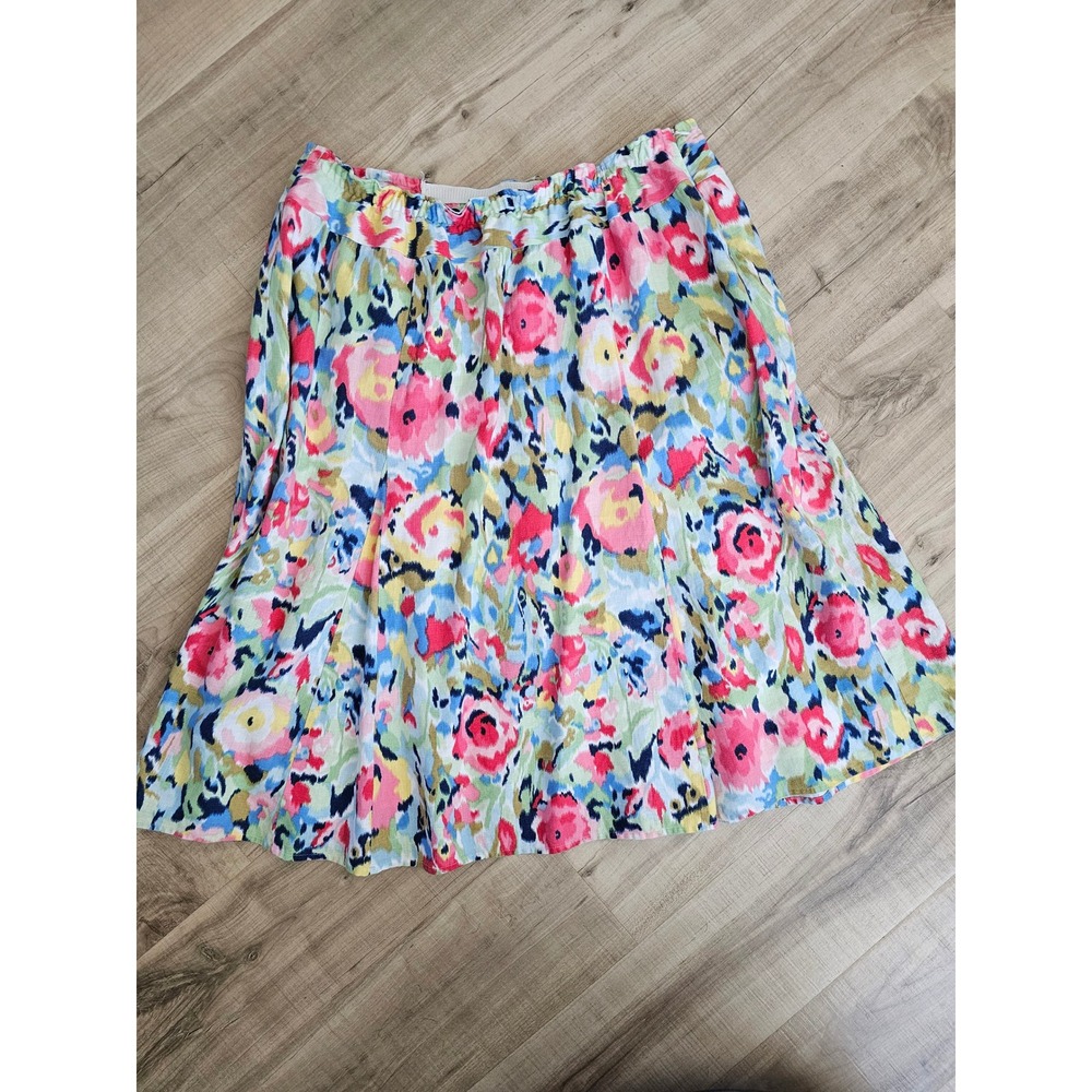 Liz Claiborne NY Floral Linen Skirt Womens 24W Pink Blue A-Line Lined Midi